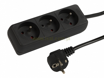 Przedłużacz elektryczny 3 gniazda +UZ, długość 1,5m, kolor czarny