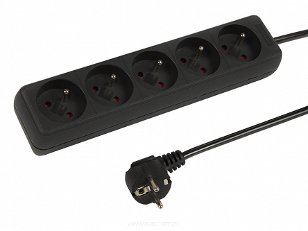 Przedłużacz sieciowy 5 gniazd z uziemieniem 5m czarny 3x1,0mm2 2300W
