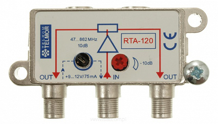 Rozdzielacz aktywny TV Telmor RTA-120 na dwa odbiorniki zasilany po kablu  