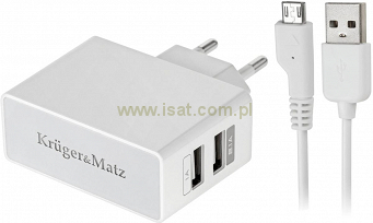 Ładowarka dual USB 1A+2,4A Kruger&Matz kabel +microUSB