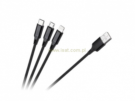 Kabel USB 3w1 1m - Micro USB, USB C, Lightning w oplocie czarny
