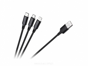 Kabel USB 3w1 1m - Micro USB, USB C, Lightning w oplocie czarny