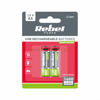 Akumulatorki REBEL AA, 1600 mAh, Li-ion,1,5V, 2szt/bl , R6 , gniazdo USB typ C